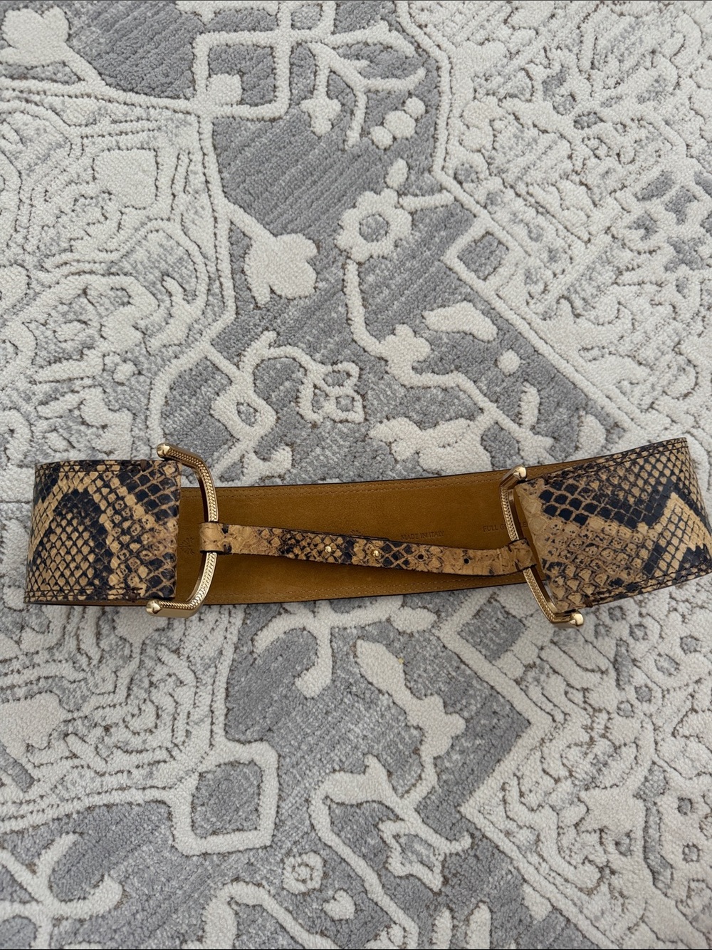 Elie Tahari Tan Snake-Print Elastic Waist Belt with Gold Hardware